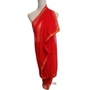 Red Sheer Sari Sarong Wrap Cover 40x80" Tassels Metallic Gold Thread Trim Design